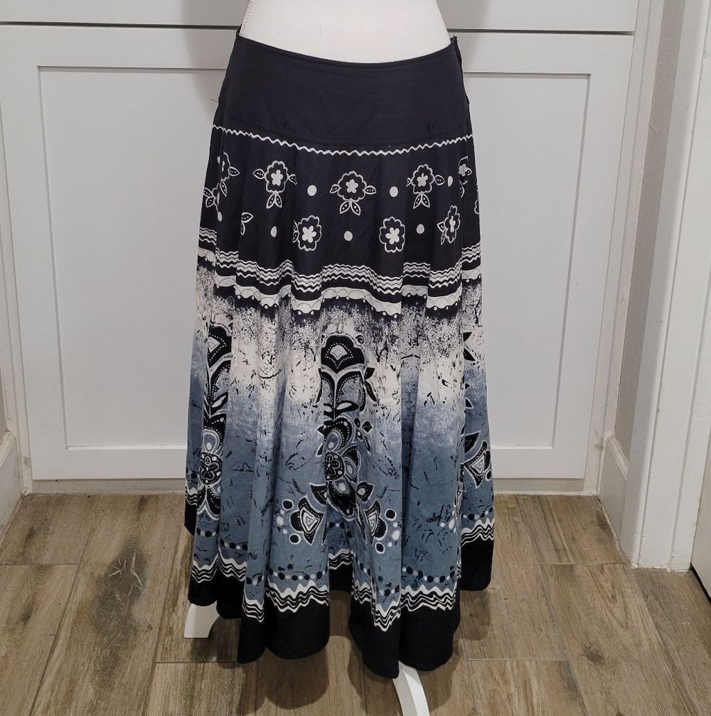 Boho Tie Dye Midi Skirt Black Blue White Cotton Size 8